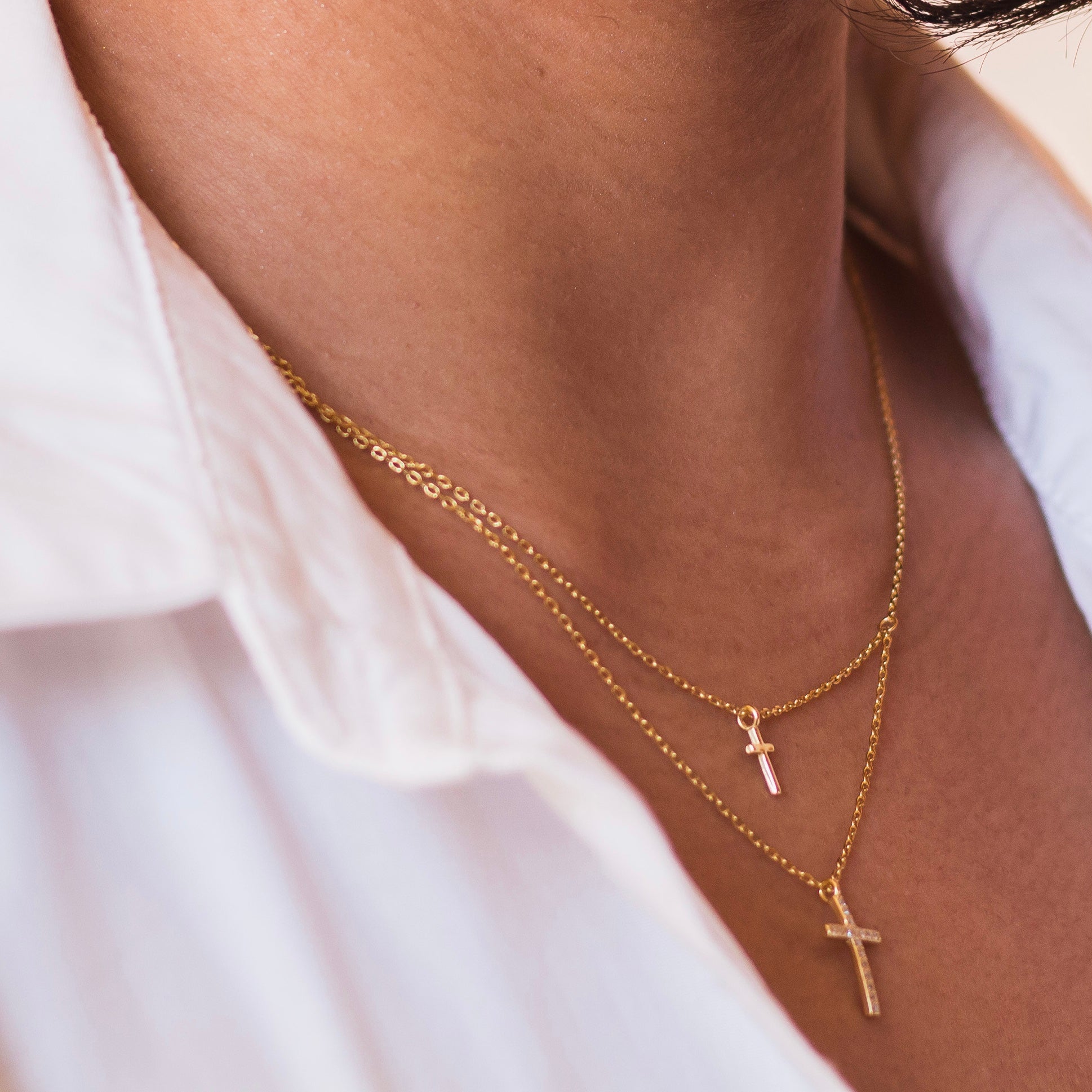 Skylar Sterling Silver Layer Double Cross Necklace Gold